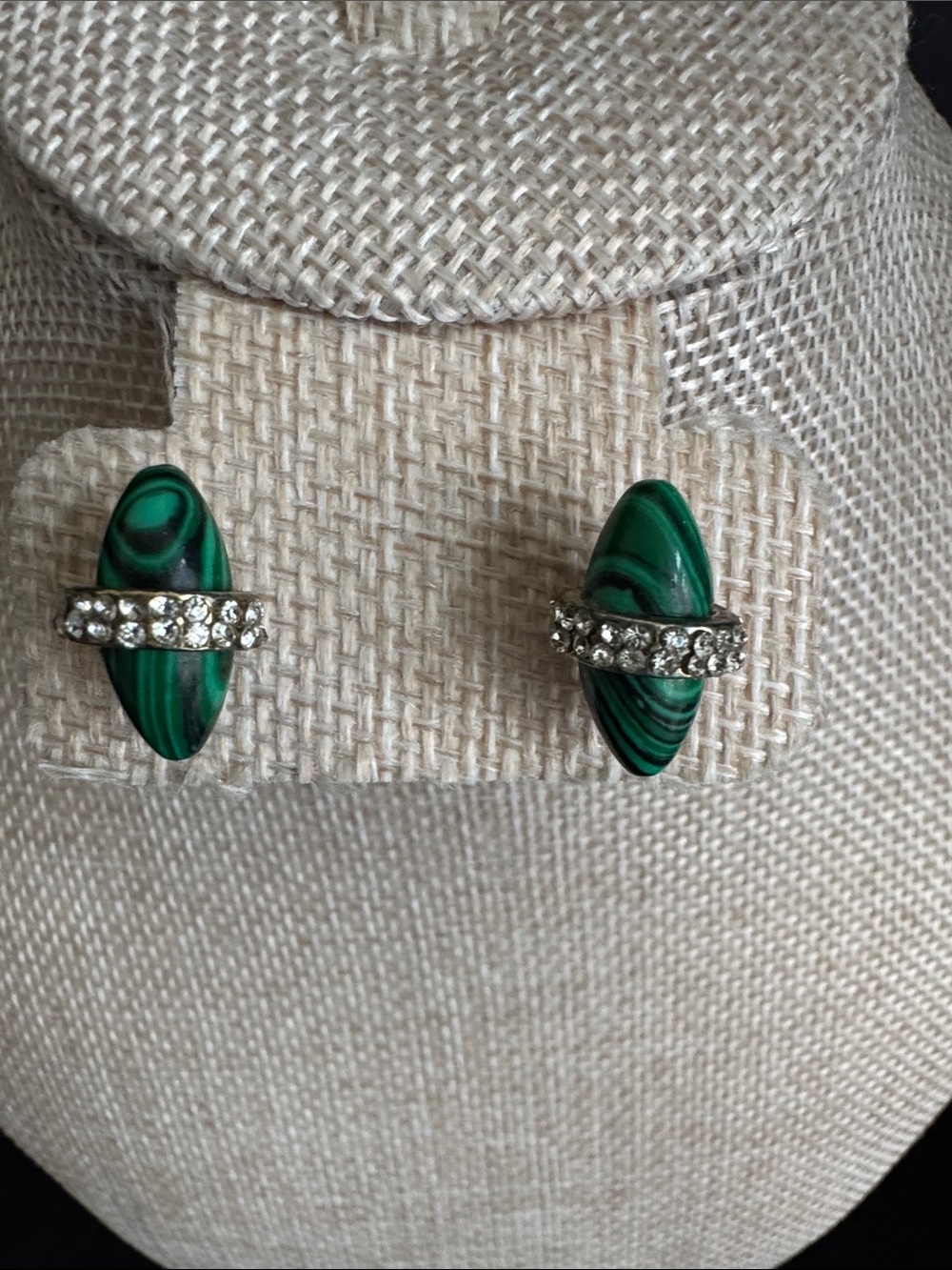 VTG Malachite and Rhinestone Art Deco Style Stud Earrings